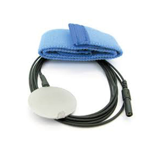 Elettrodo di massa a disco in acciaio con fascia in velcro - cavo L=150 cm - term. sic. FMM D=1,5 mm